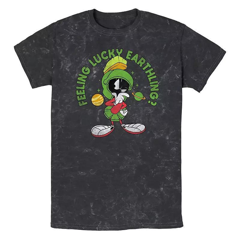 Men's Looney Tunes Marvin Feeling Lucky Earthlings? Mineral Wash Graphic Tee, Size: Small, Black Product Image