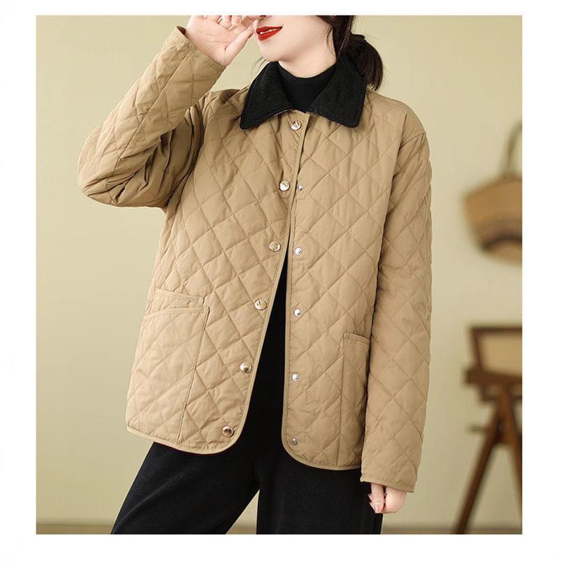 Contrast Collar Quilted Button-Up Jacket Product Image