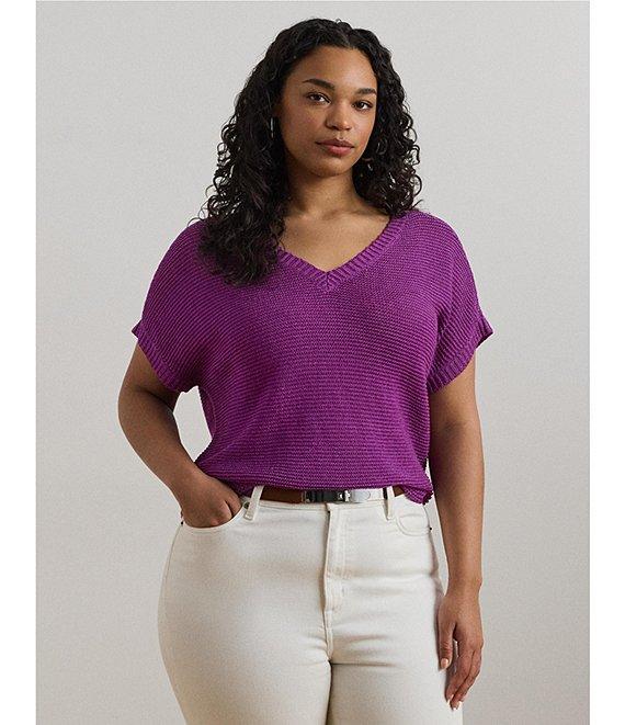 Lauren Ralph Lauren Plus Size Linen Blend V-Neck Short Sleeve Sweater Product Image