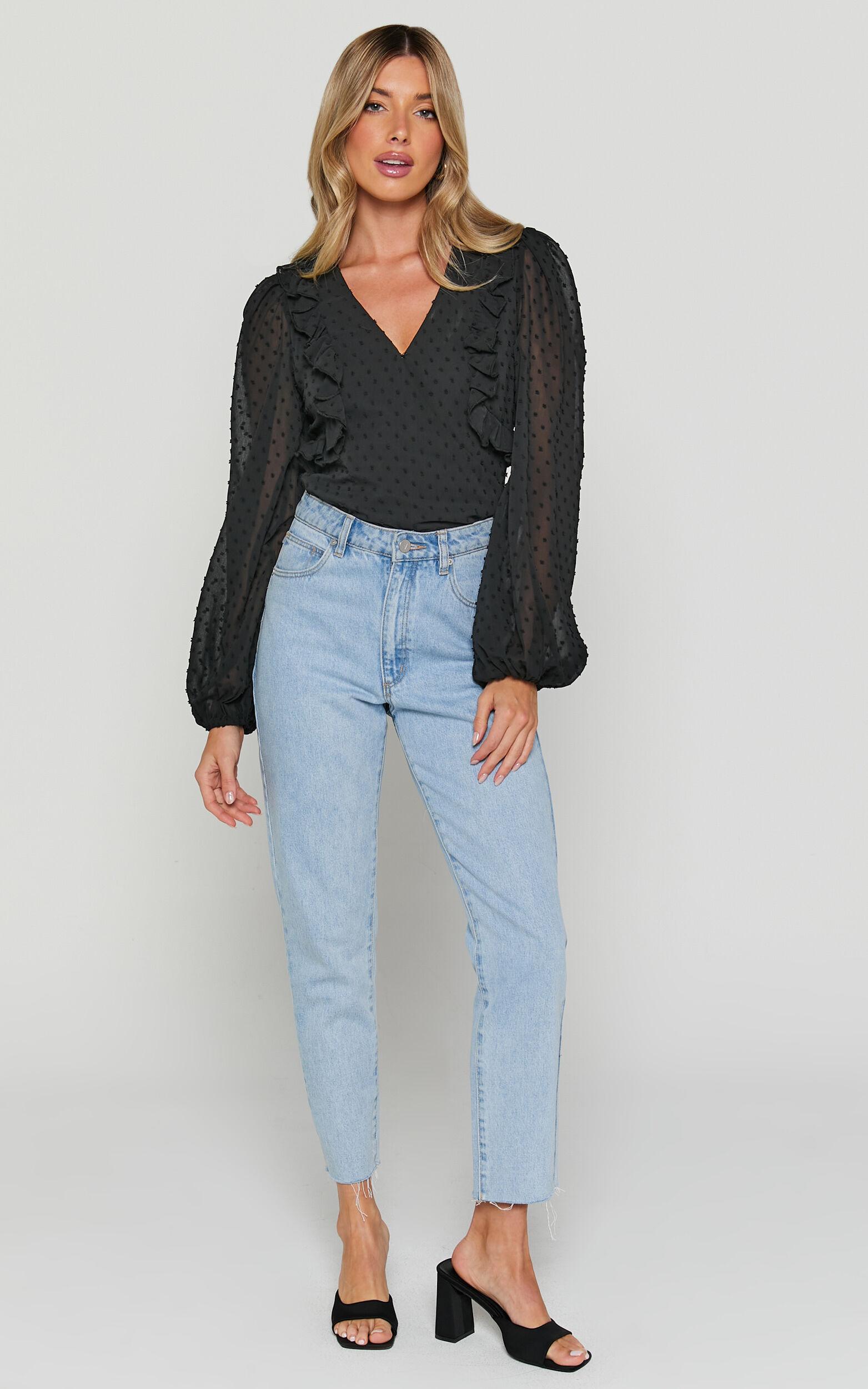Delilah Bodysuit - V Neck Long Blouson Sleeve Bodysuit in Black Product Image