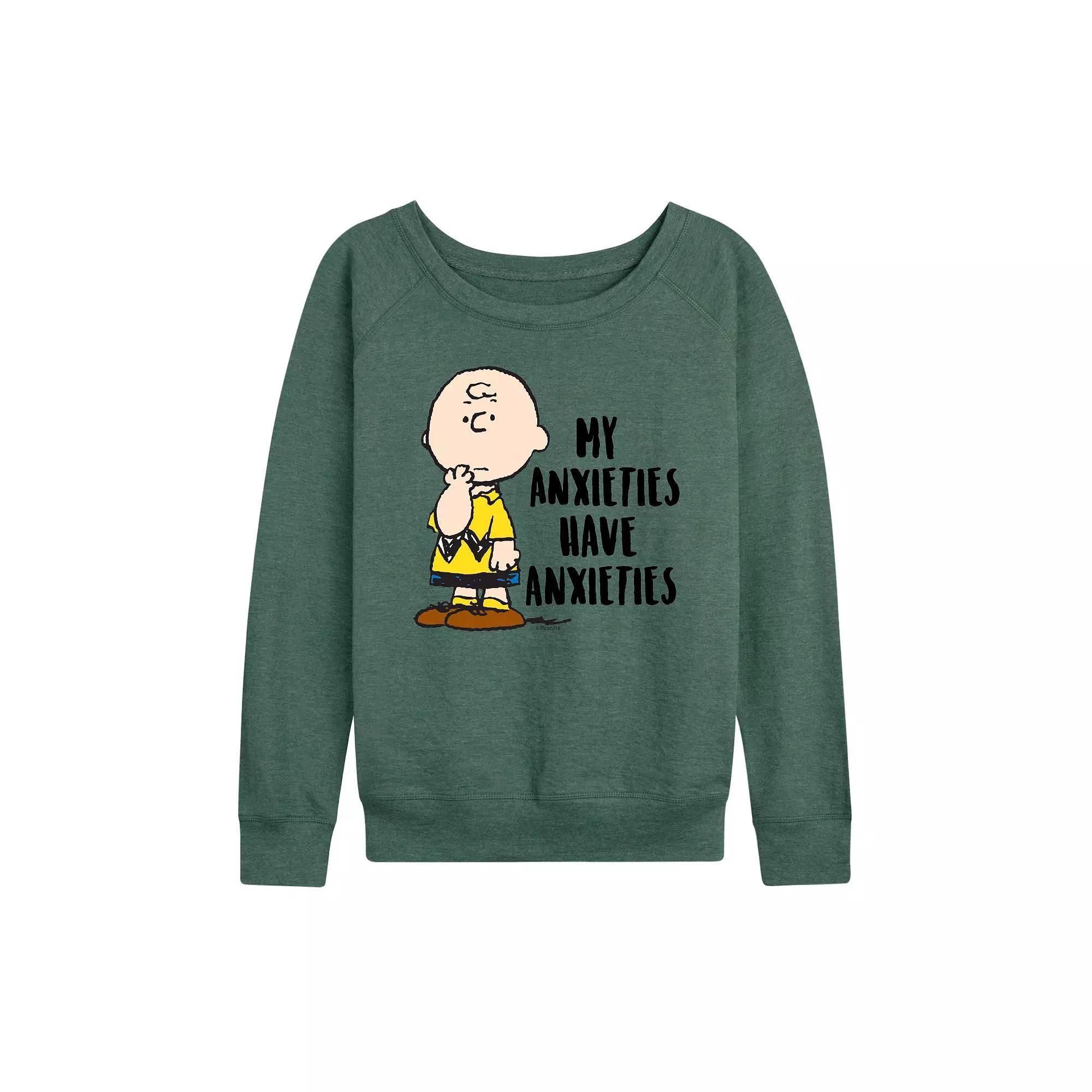 Womens Peanuts Charlie Brown Anxieties French Terry Long Sleeve Tee, Girls Grey Green Product Image