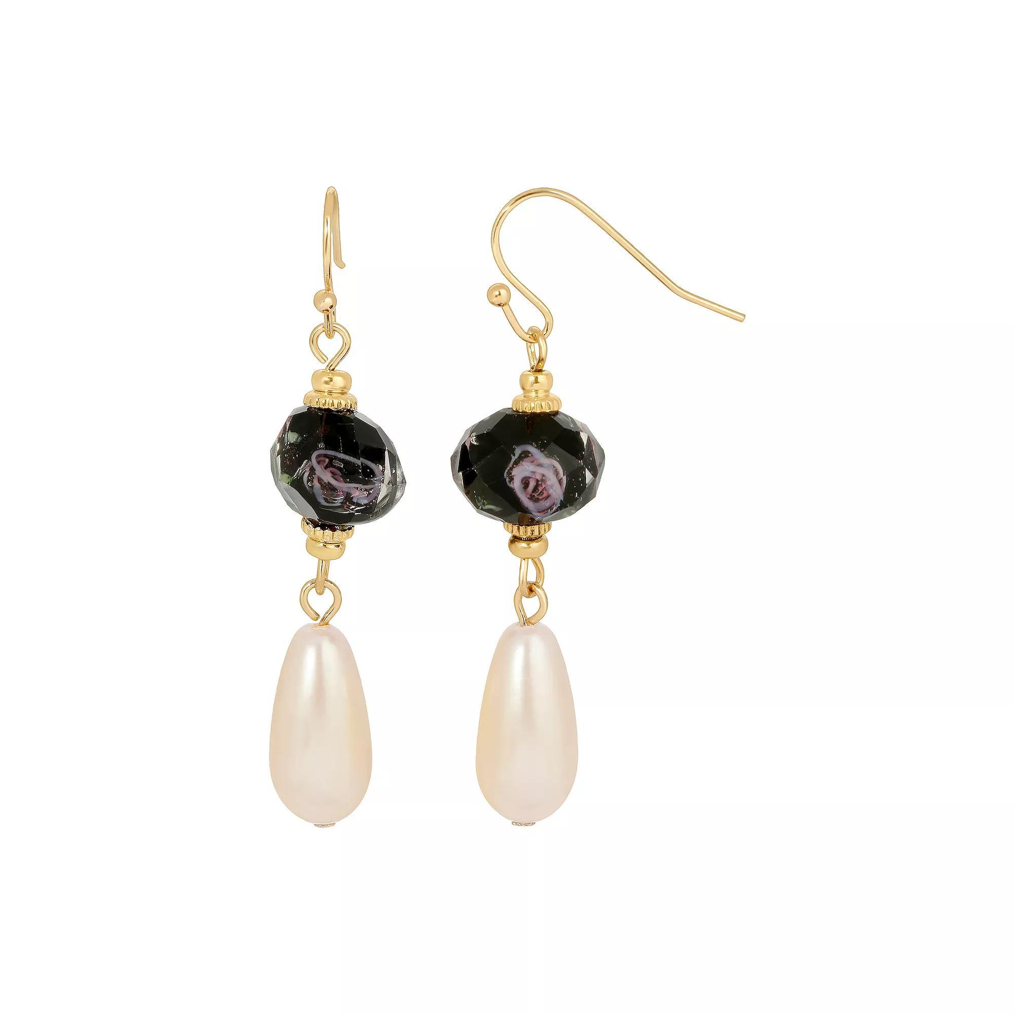 1928 Gold Tone Simulated Crystal and Pearl Drop Earrings, Womens, Blue Product Image