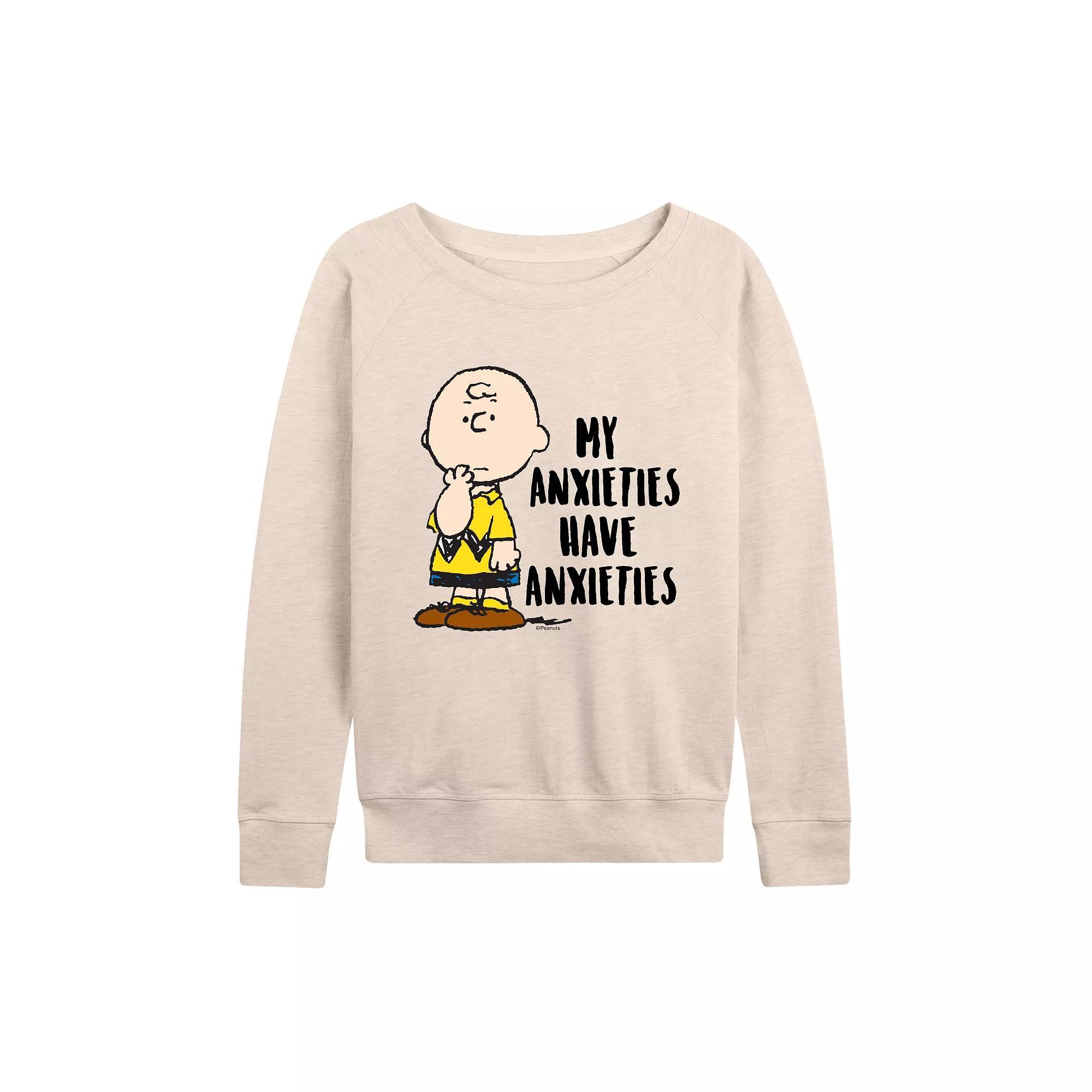 Womens Peanuts Charlie Brown Anxieties French Terry Long Sleeve Tee, Girls Grey Green Product Image