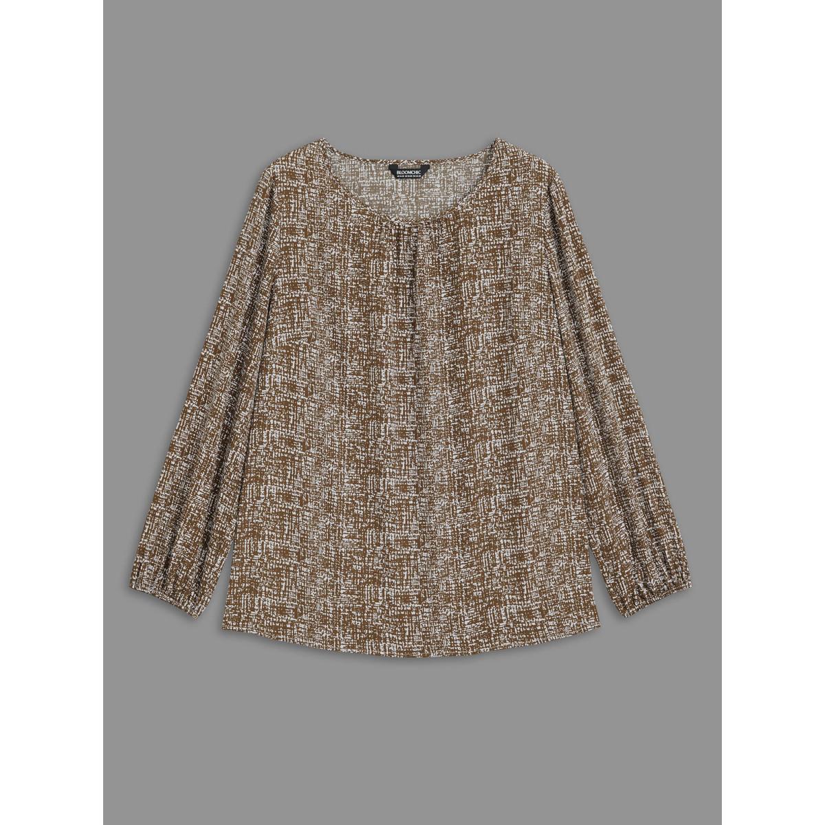 Plus Size Yellowishbrown Crew Neck Geometric Print Gathered Blouse Women At the Office Long Sleeve Round Neck Work Blouses BloomChic 18-20/2X Product Image