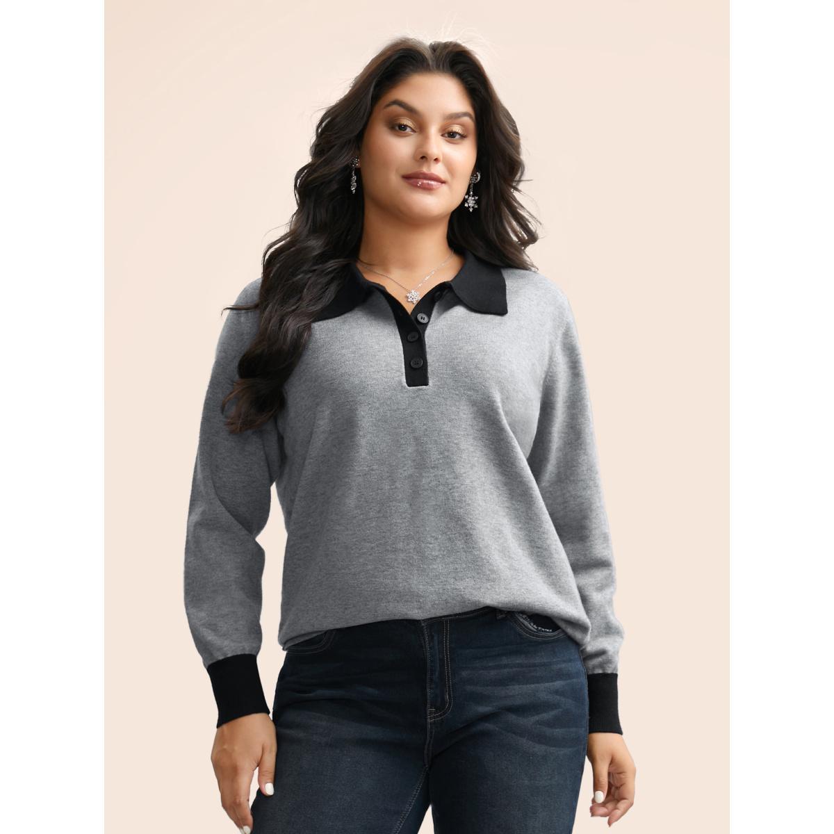 Plus Size Supersoft Essentials Contrast Polo Neck Button Up Pullover Mediumgray Women Casual Loose Long Sleeve Polo Everyday Pullovers BloomChic 18-20/2X Product Image