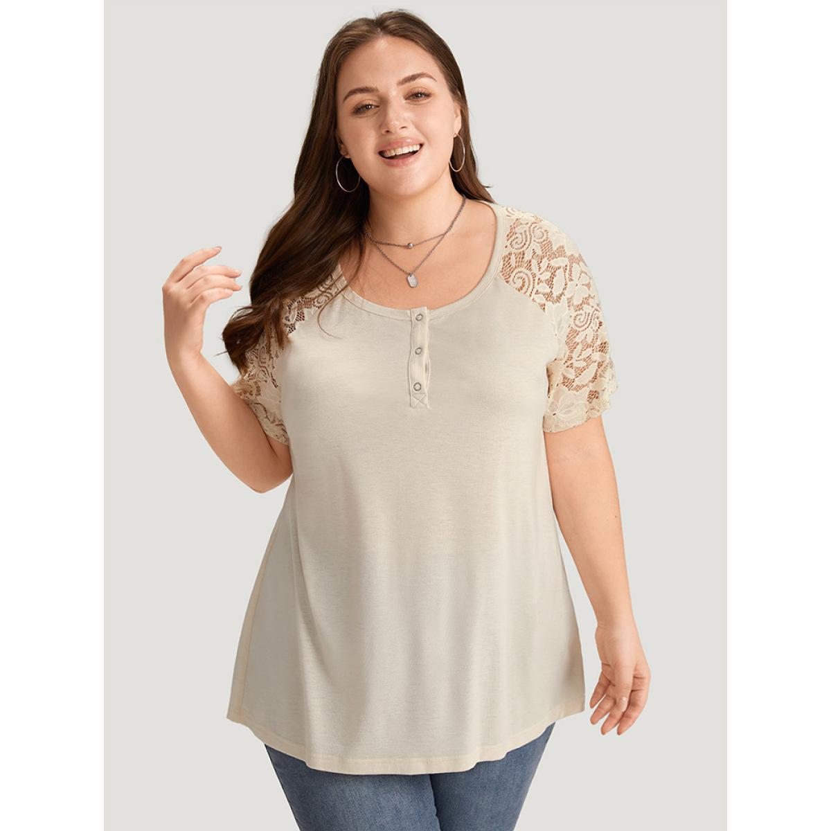 Plus Size Solid Raglan Sleeve Contrast Lace T-shirt Ivory Women Elegant Plain Round Neck Dailywear T-shirts BloomChic 22-24/3X Product Image