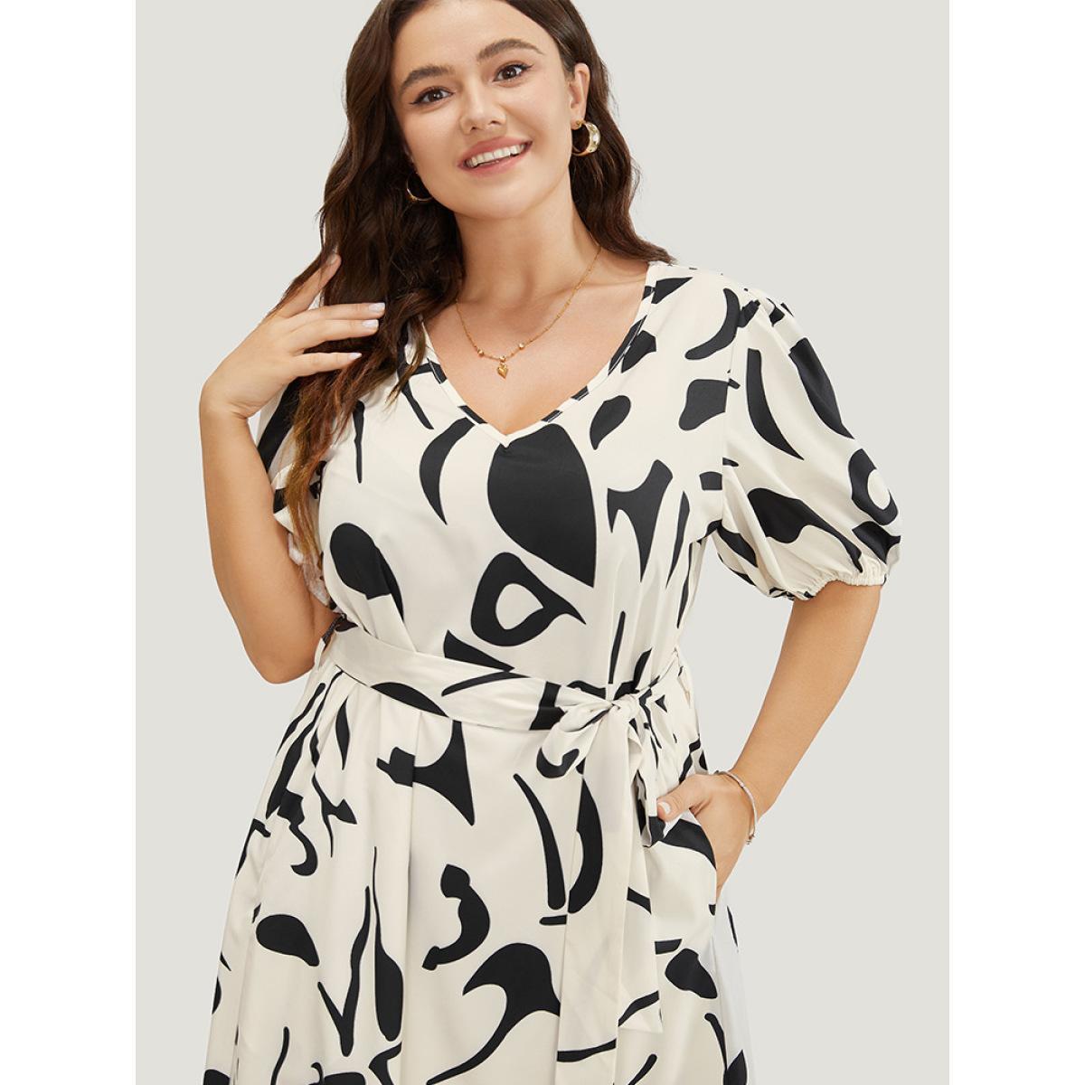 Plus Size Geometric Print Pocket Flutter Hem Belted Puff Sleeve Dress Multicolor Women Elegant Belted V-neck Short sleeve Curvy Midi Dress BloomChic 10/M Product Image