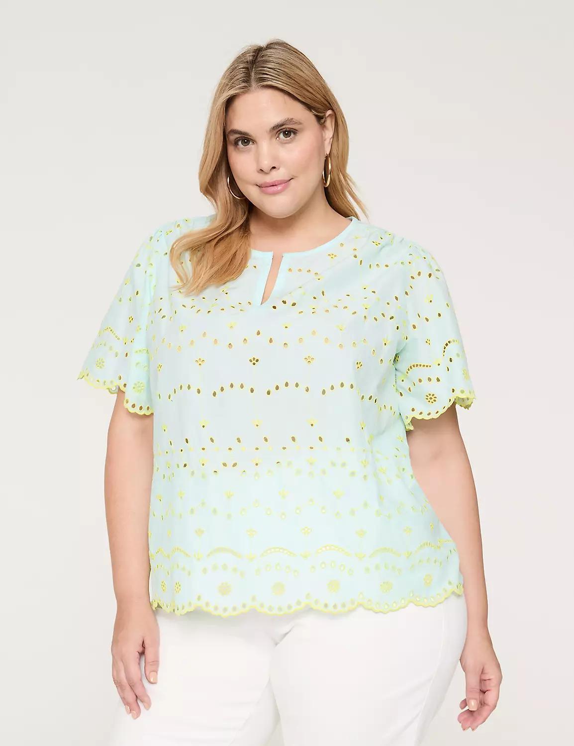 Eyelet Flutter-Sleeve Notch-Neck Top Product Image