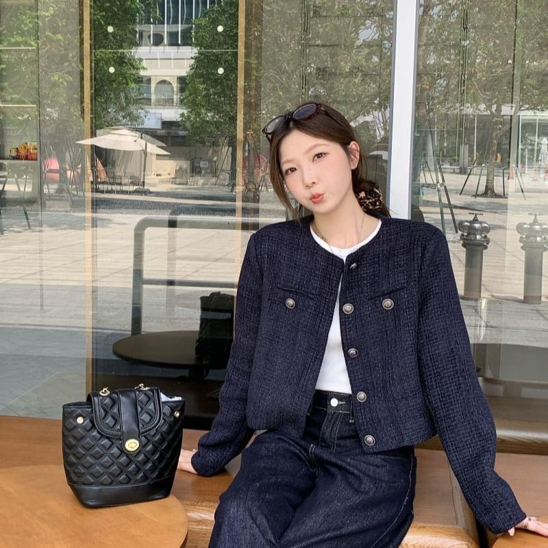 Round Neck Tweed Button Jacket Product Image