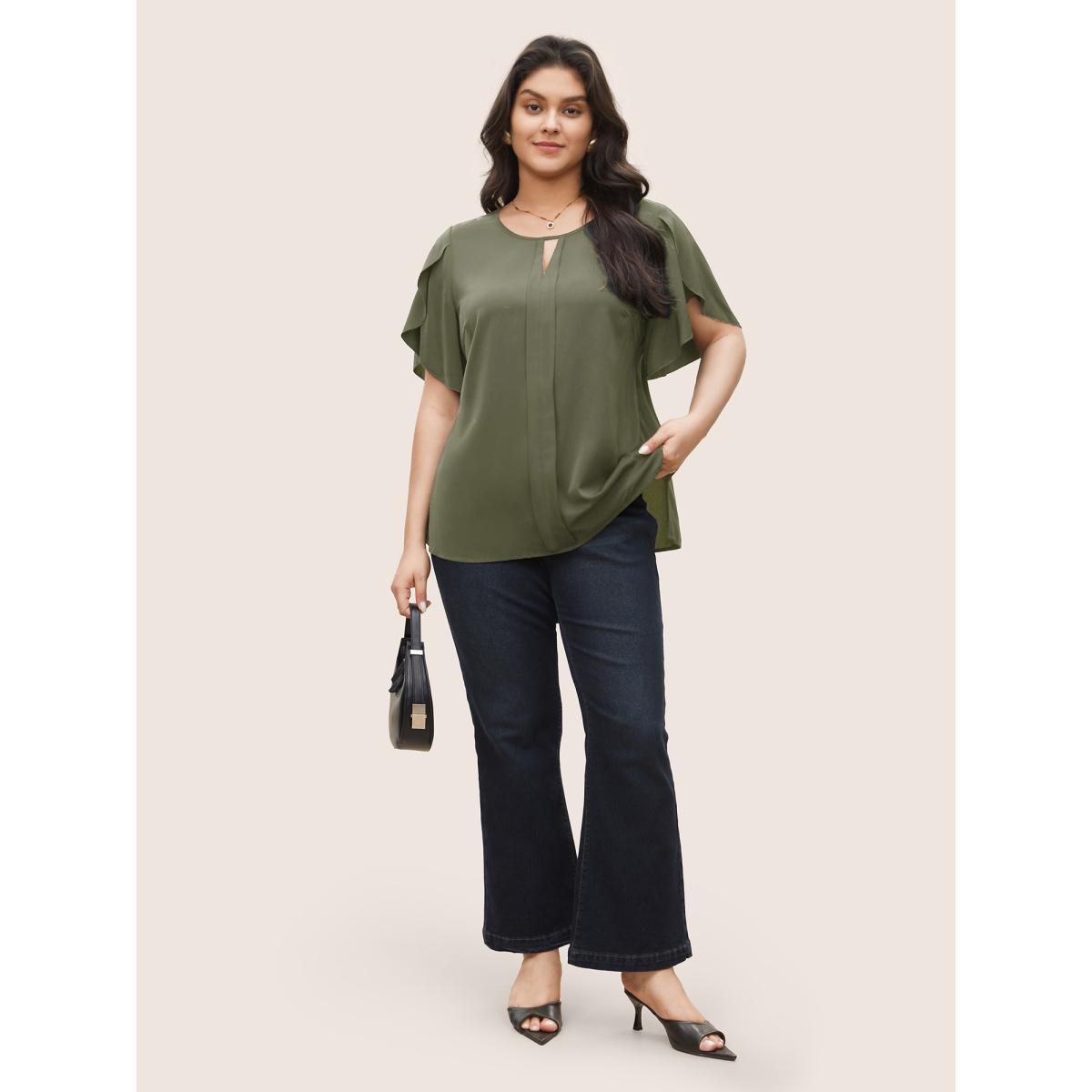 Plus Size Moss Solid Keyhole Petal Sleeve Pleated Blouse Women Work From Home Short sleeve Notched collar Work Blouses BloomChic 12/L Product Image