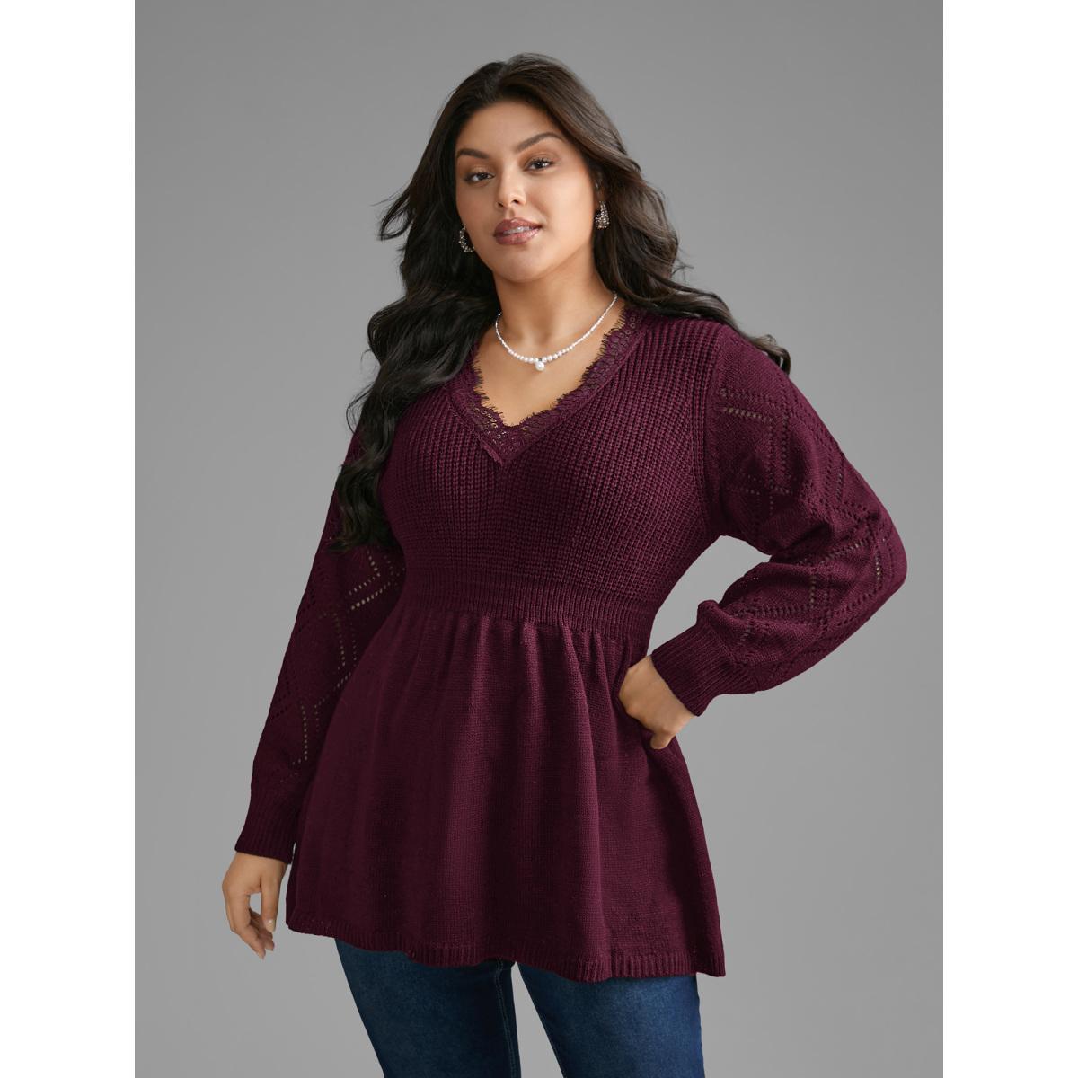 Plus Size V Neck Lace Panel Lantern Sleeve Pullover Deepred Women Casual Bodycon Long Sleeve V-neck Everyday Pullovers BloomChic 10/M Product Image
