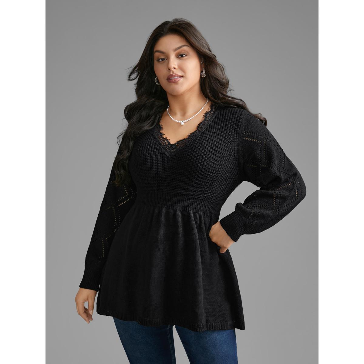 Plus Size V Neck Lace Panel Lantern Sleeve Pullover Black Women Casual Bodycon Long Sleeve V-neck Everyday Pullovers BloomChic 10/M Product Image