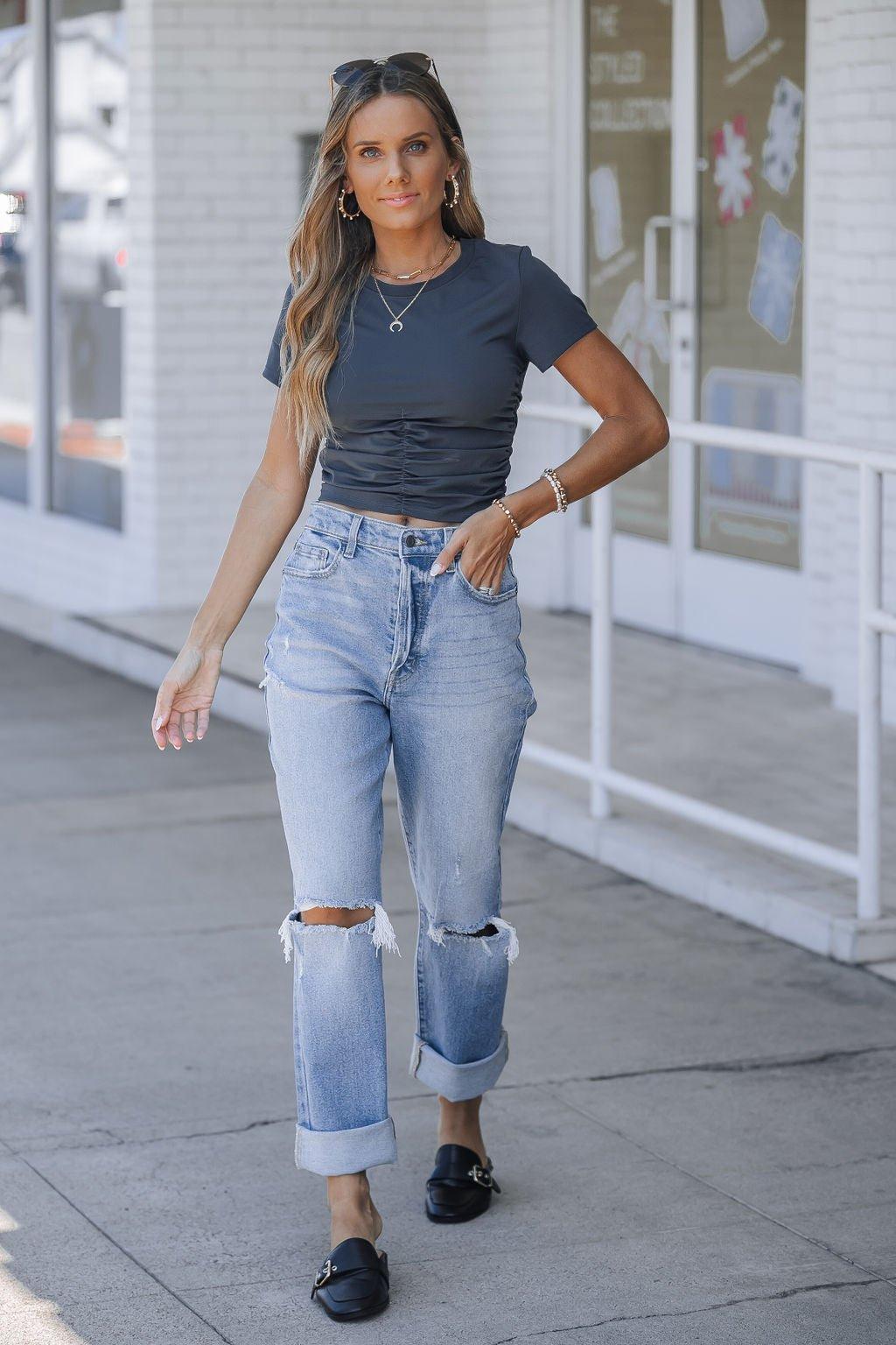 Ruched Short Sleeve Crop Top - Charcoal - FINAL SALE Product Image