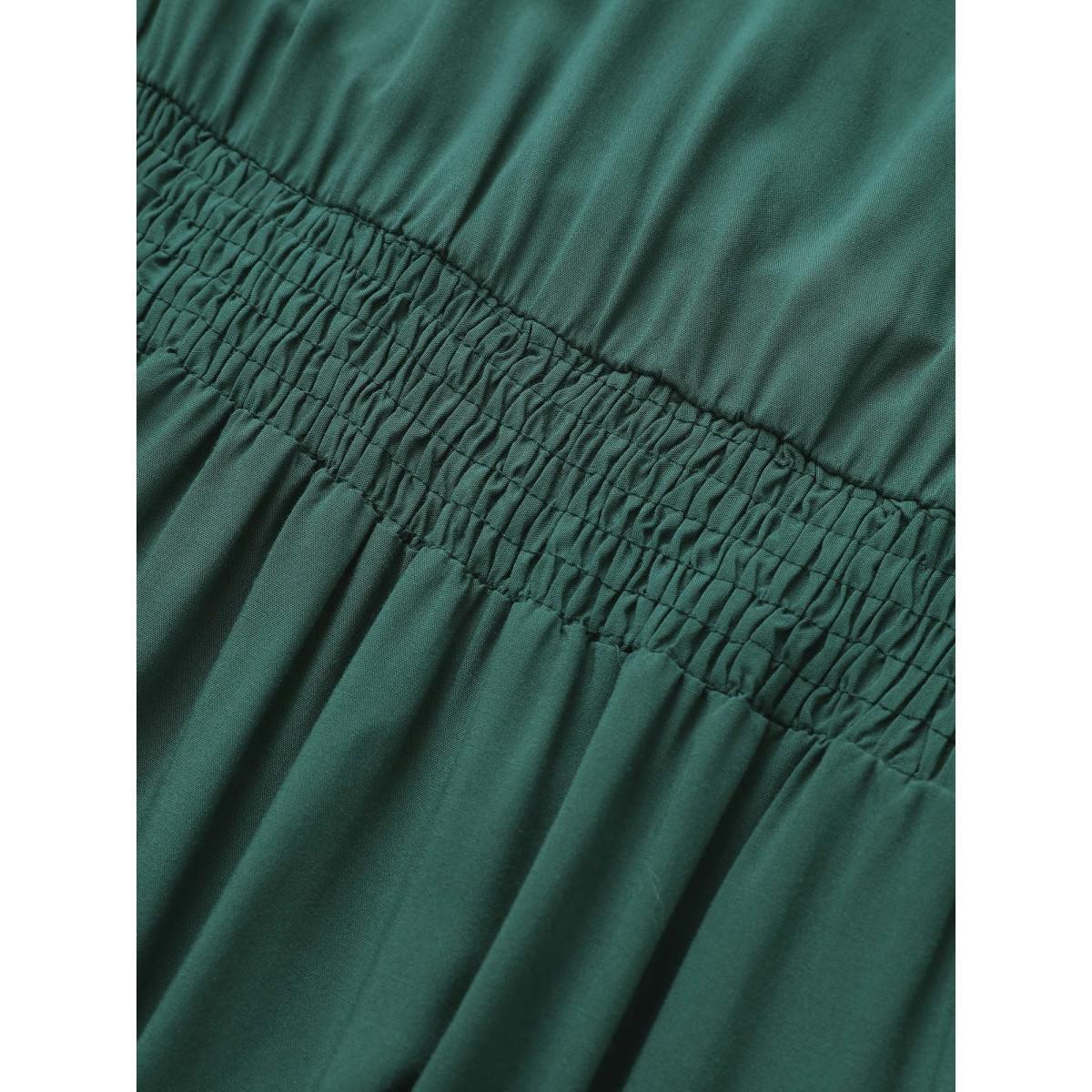 Plus Size Plain Shirred Notched Pocket Pleated Dress Green Women Resort Non Notched collar Short sleeve Curvy Midi Dress BloomChic 10/M Product Image