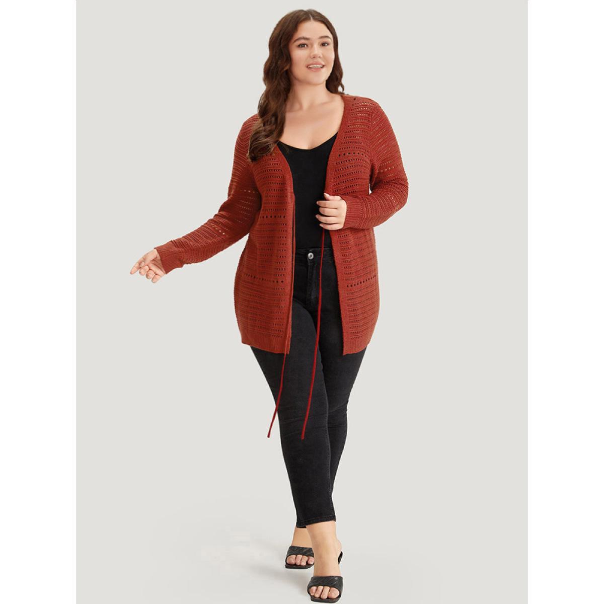 Plus Size Plain Ties Front Geometric Eyelet Cardigan Rust Women Casual Loose Long Sleeve Dailywear Cardigans BloomChic 26/4X Product Image