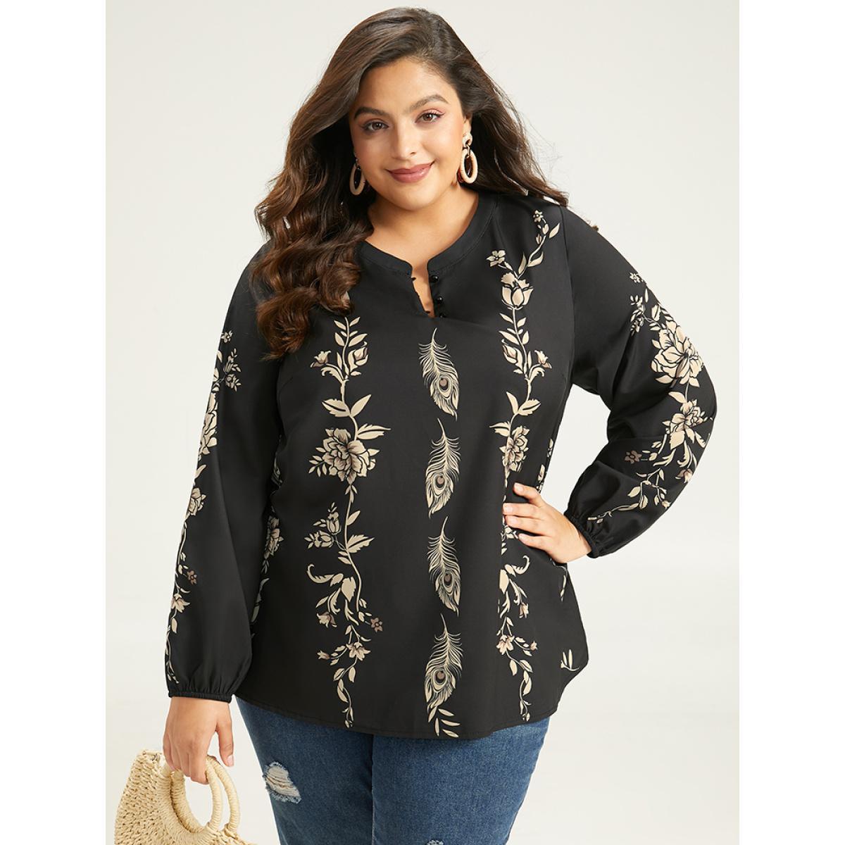 Plus Size Black Floral Print Button Up Lantern Sleeve Blouse Women Elegant Long Sleeve Round Neck Dailywear Blouses BloomChic 18-20/2X Product Image