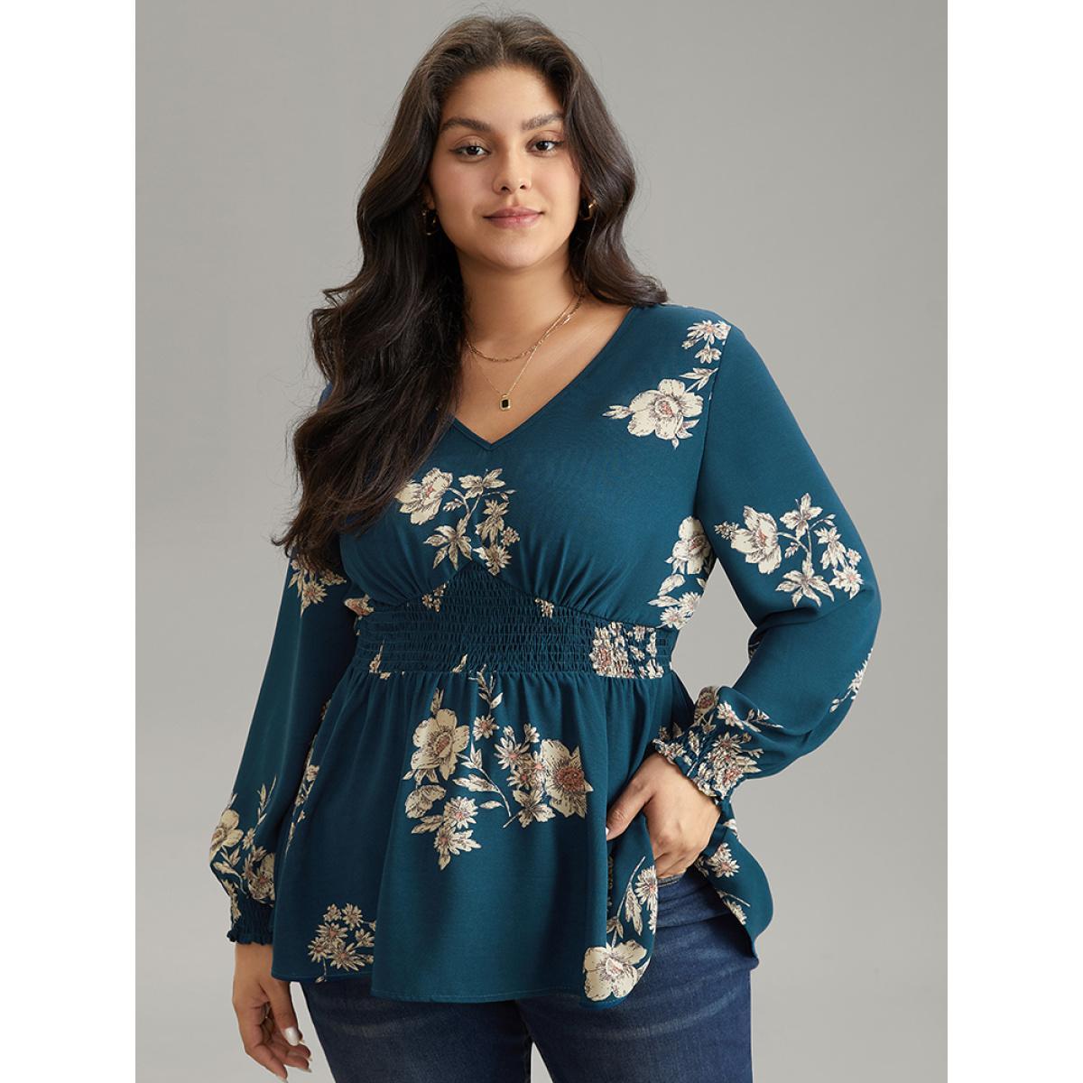 Plus Size Aegean Shirred Floral Elastic Waist Lantern Sleeve Blouse Women Elegant Long Sleeve V-neck Everyday Blouses BloomChic 28/5X Product Image