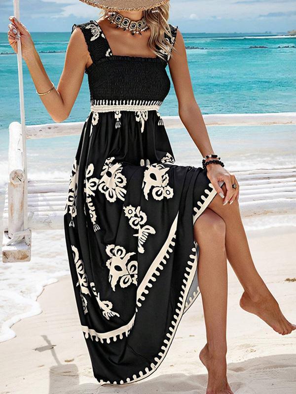 A-Line Loose Elasticity Pleated Printed Split-Joint Square-Neck Maxi Dresses Product Image