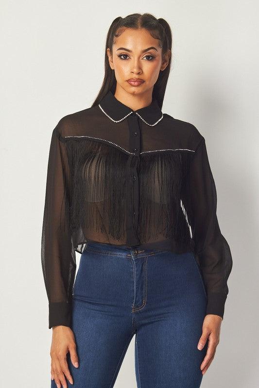 Western Chic Rhinestone Embellished Fringe Front Blouse Product Image
