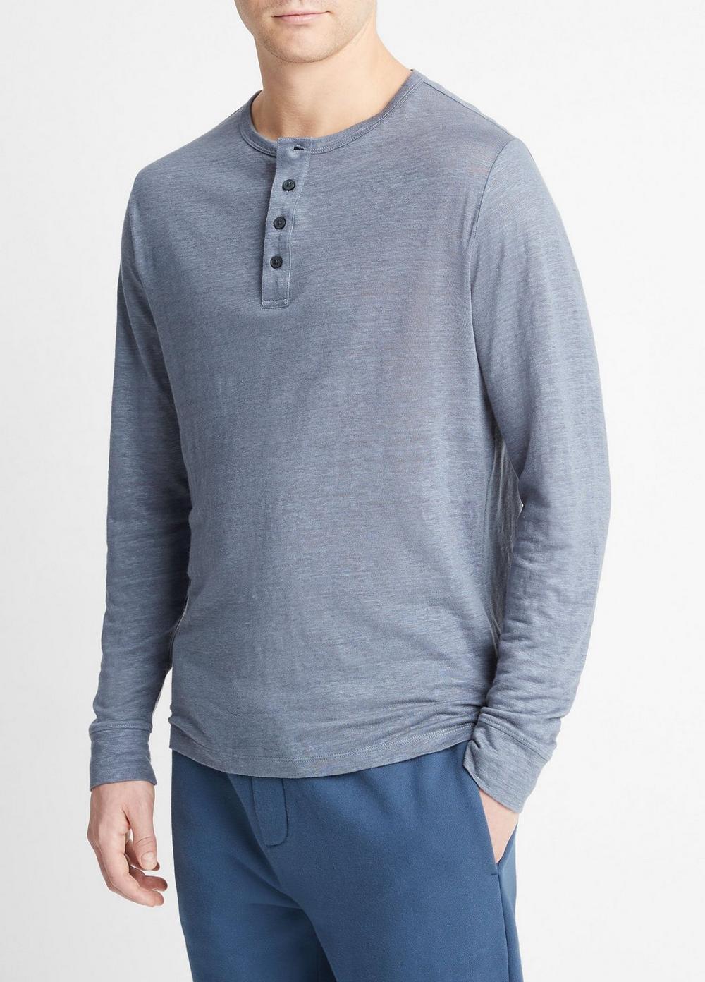 Mens Linen Long-Sleeve Henley, Coastal Blue, Size XL Vince Product Image