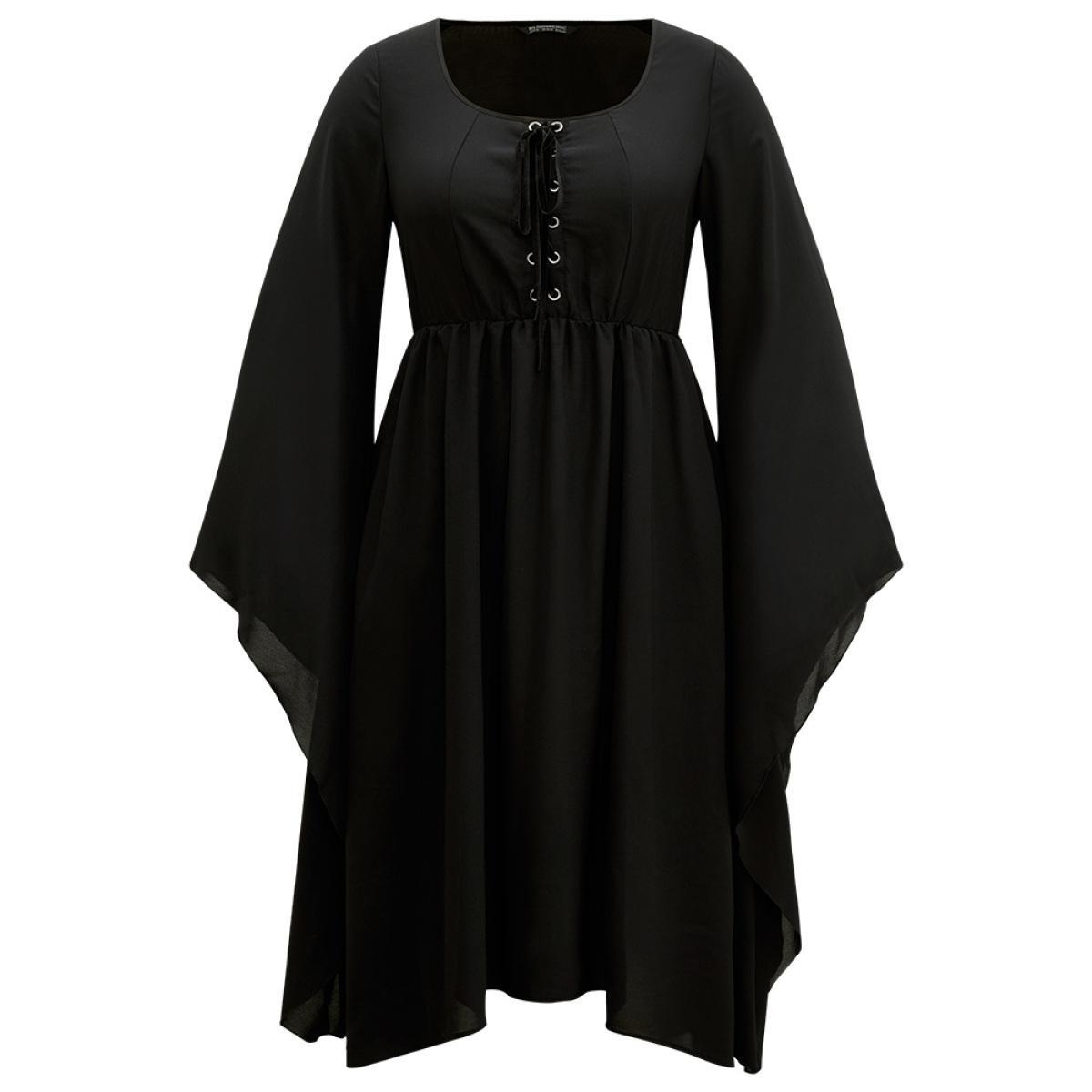 Plus Size Halloween Plain Lace Up Bell Sleeve Dress Black Women Elegant Plain Round Neck Long Sleeve Curvy Midi Dress BloomChic 26/4X Product Image