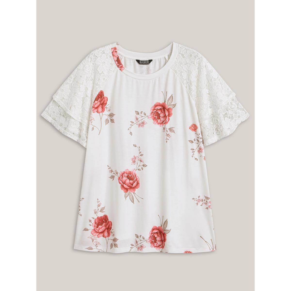 Plus Size Lace Sleeve Layered Floral T-Shirt WhiteSmoke Women Contrast Natural Flowers Round Neck Everyday-Elegant T-shirts BloomChic 14-16/1X Product Image