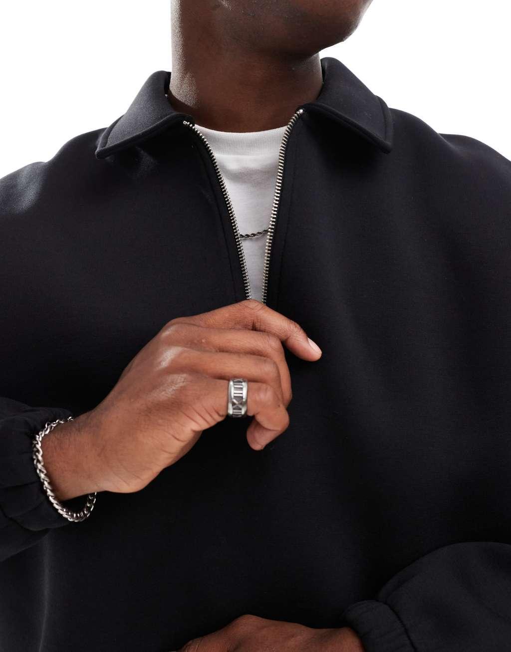 ASOS DESIGN oversized boxy scuba quarter zip sweatshirt in black Product Image