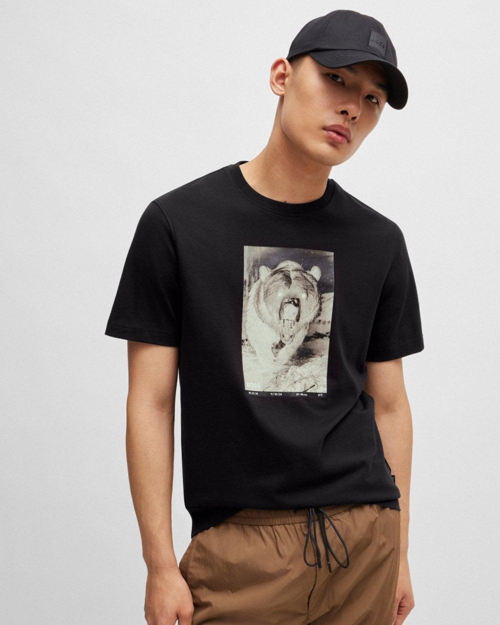 HUGO BOSS Cotton-jersey Regular-fit T-shirt With Seasonal Print In Black 001 Product Image