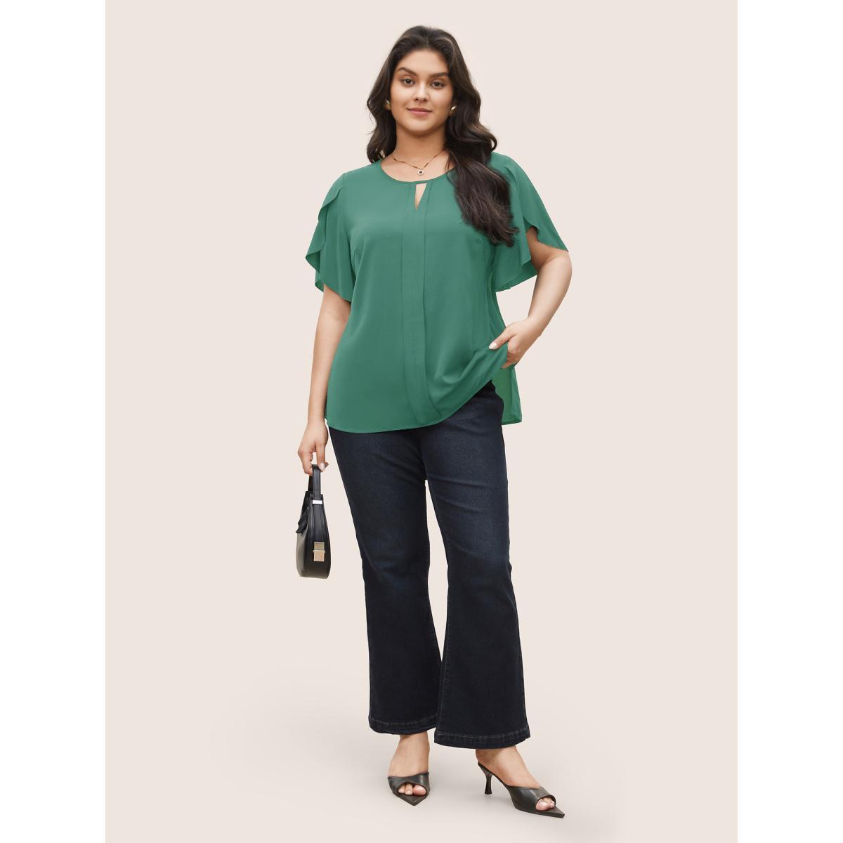 Plus Size Teal Solid Keyhole Petal Sleeve Pleated Blouse Women Work From Home Short sleeve Notched collar Work Blouses BloomChic 26/4X Product Image