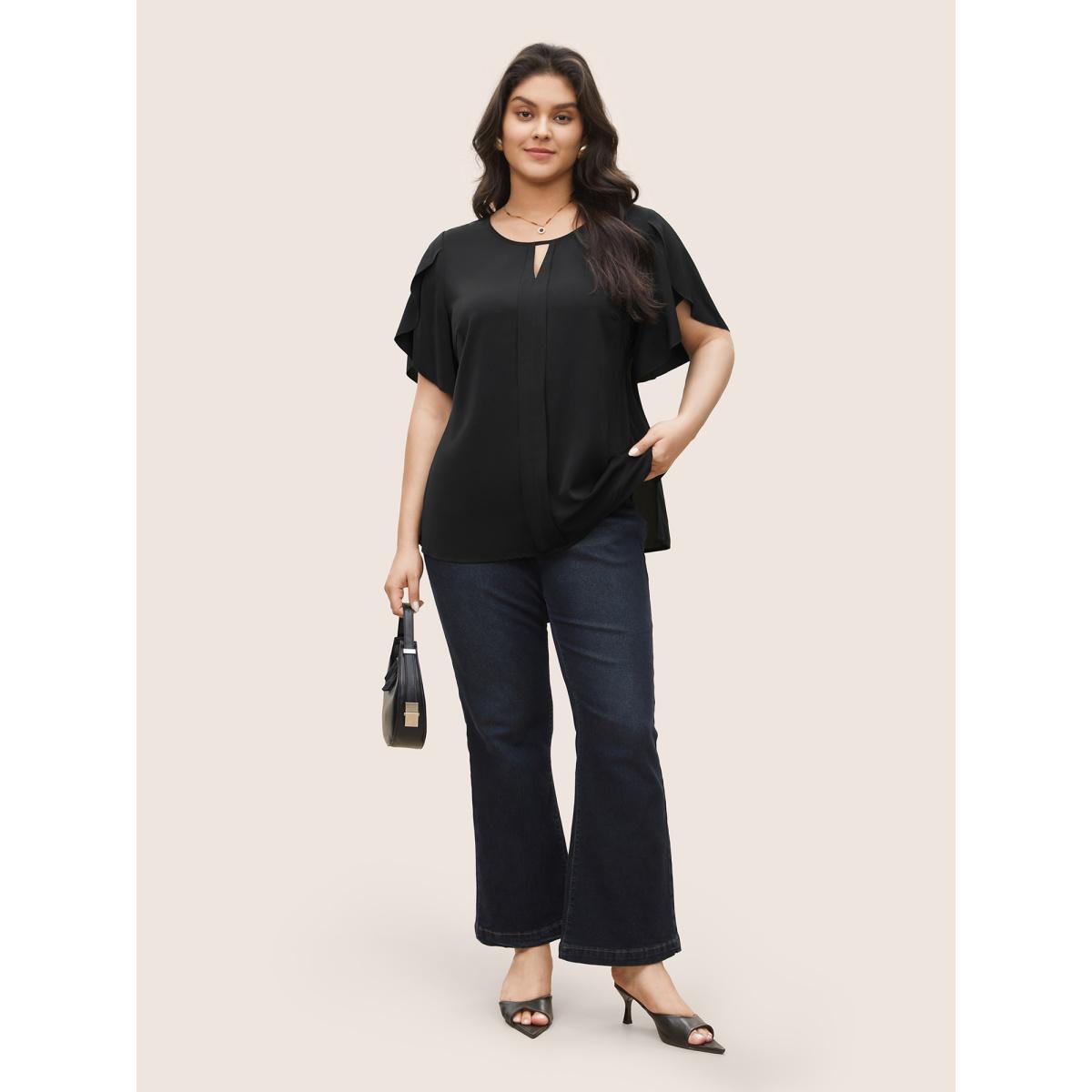 Plus Size Black Solid Keyhole Petal Sleeve Pleated Blouse Women Work From Home Short sleeve Notched collar Work Blouses BloomChic 22-24/3X Product Image
