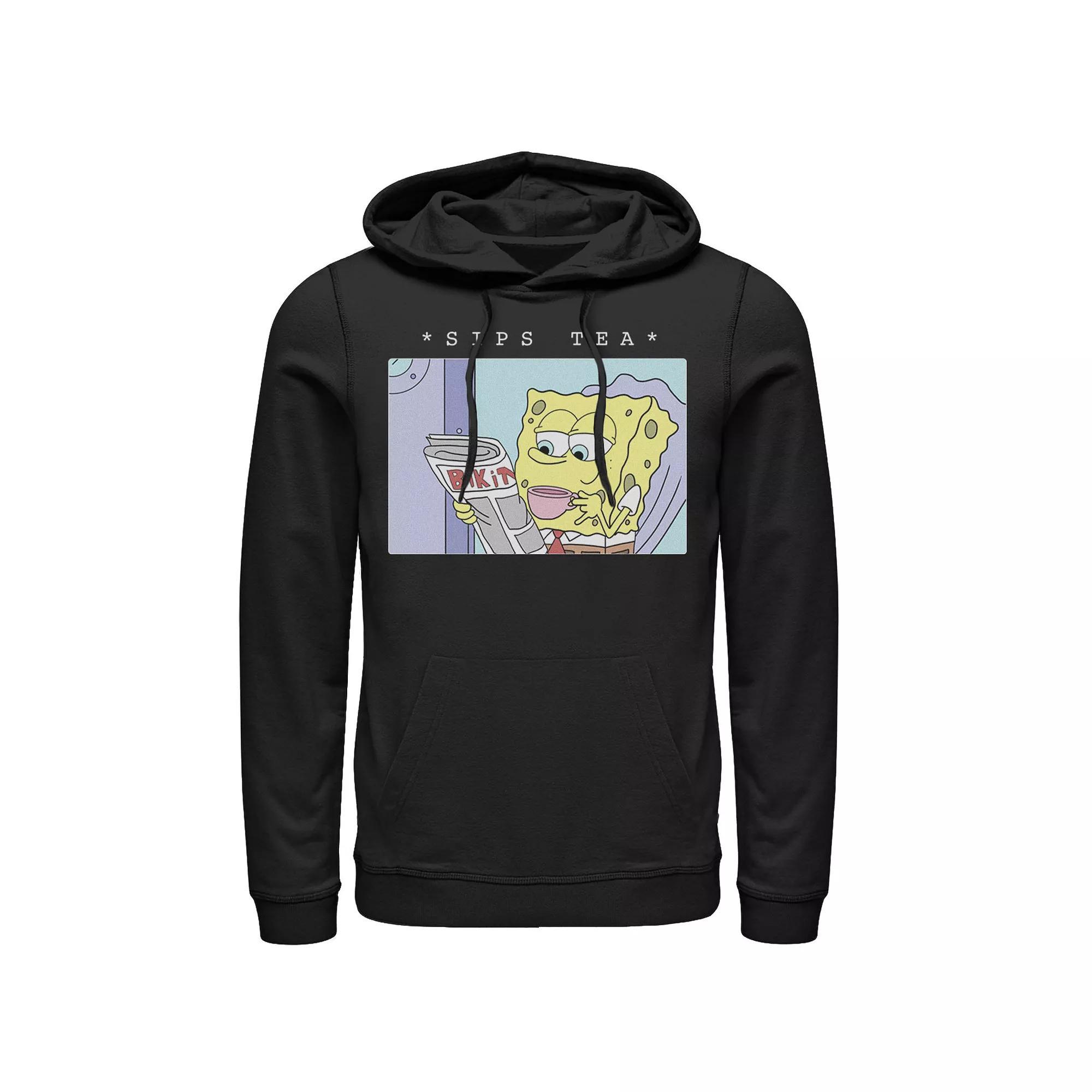 Men's SpongeBob SquarePants Sips Tea Meme Hoodie, Size: Large, Black Product Image