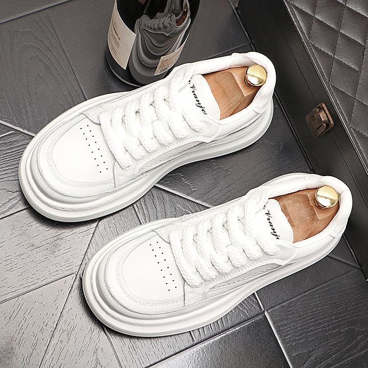 Hidden Wedge Mesh Panel Lace-Up Faux Leather Sneakers Product Image