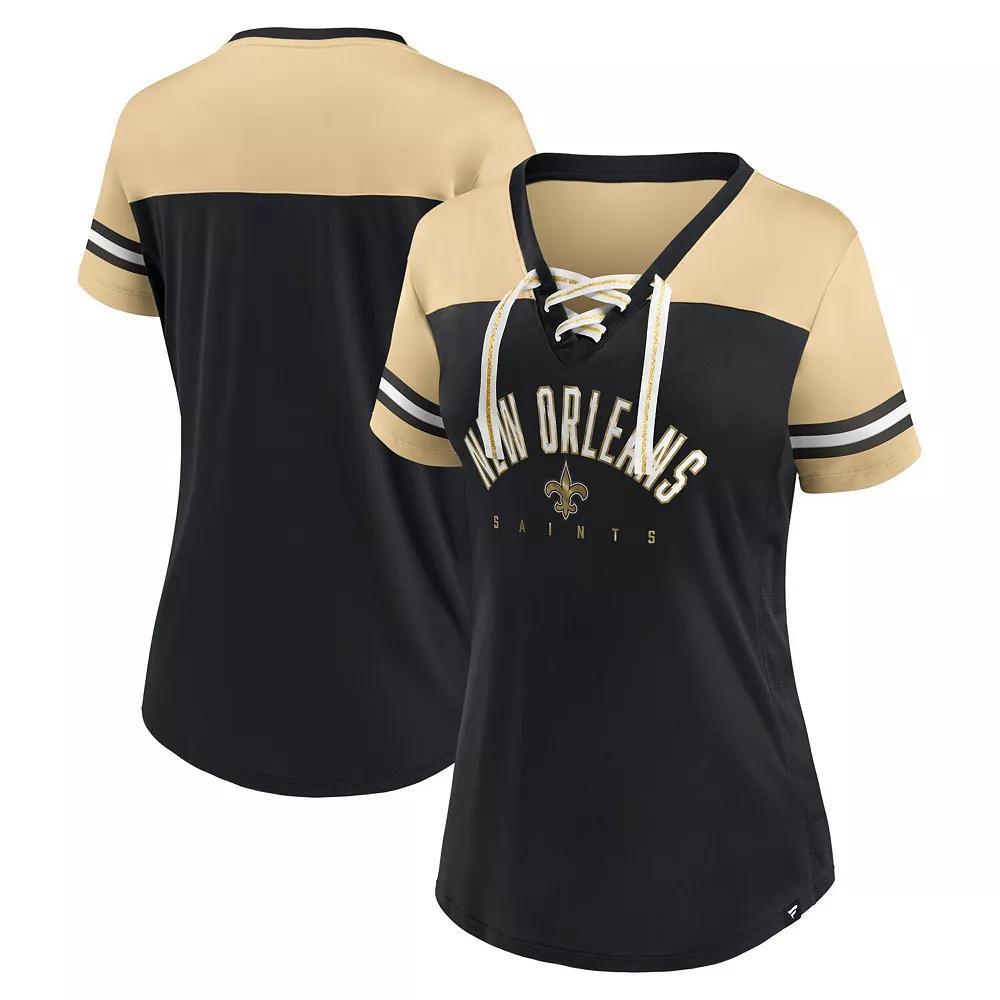 Women's Fanatics Branded Black/Vegas Gold New Orleans Saints Blitz & Glam Lace-Up V-Neck Jersey T-Shirt, Size: Small Product Image