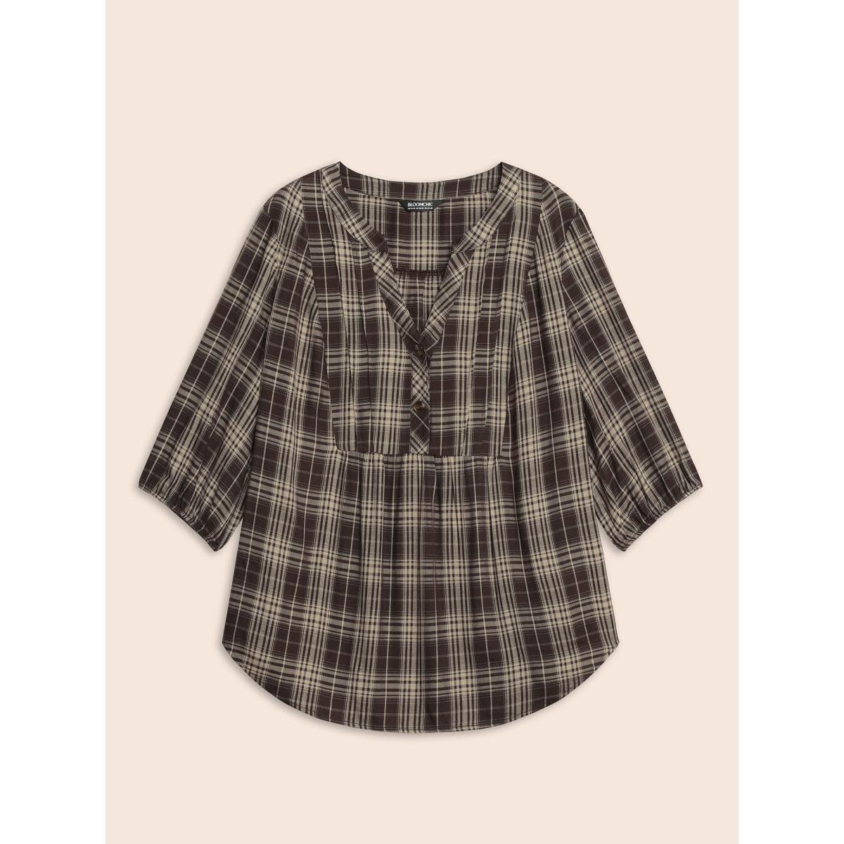 Plus Size DarkBrown Plaid Pleated Button Placket Blouse Women Elegant Elbow-length sleeve Flat collar with V-notch Everyday Blouses BloomChic 10/M Product Image