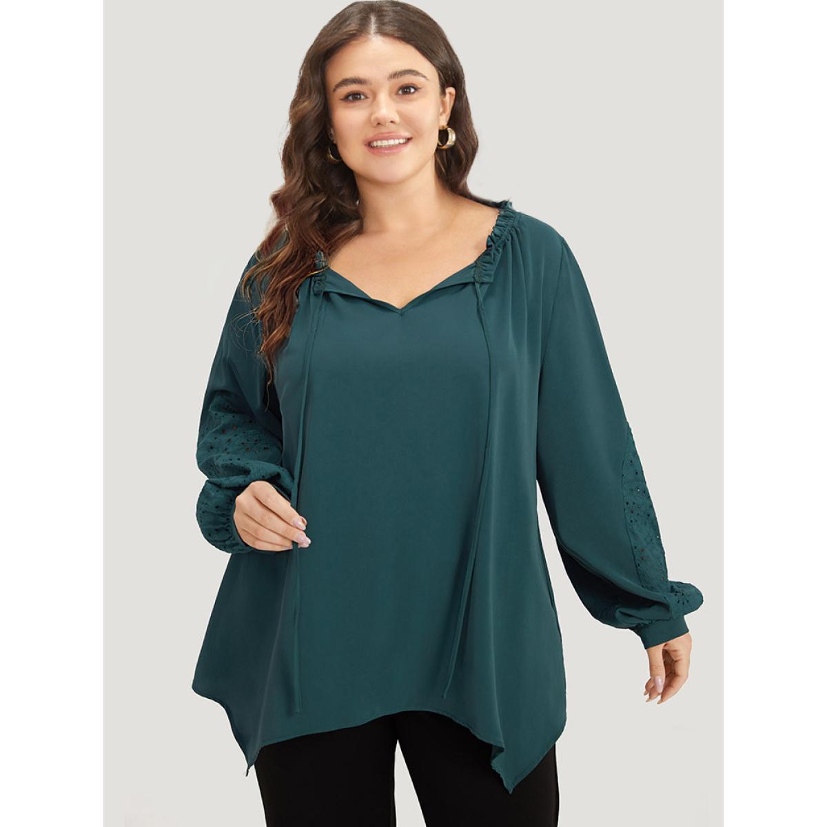 Plus Size DarkGreen Anti-Wrinkle Broderie Anglaise Knot Neck Frill Trim Lantern Sleeve Blouse Women Office Long Sleeve Tie Neck Work Blouses BloomChic 10/M Product Image