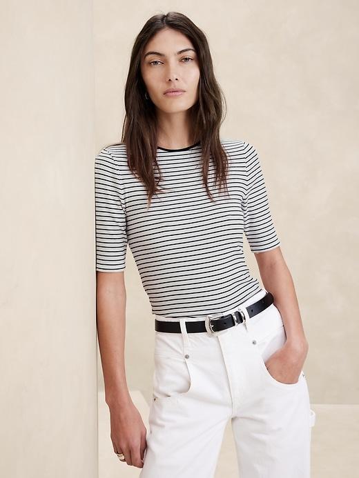 Ribbed Elbow-Sleeve T-Shirt Product Image