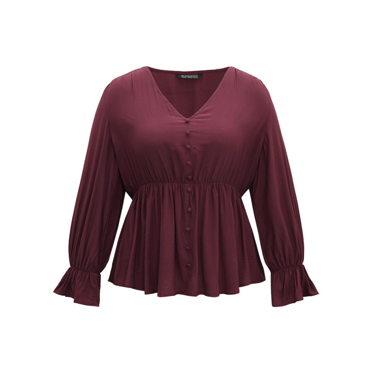 Plus Size Burgundy Button Detail Ruffle Trim Blouse Women Elegant Long Sleeve V-neck Dailywear Blouses BloomChic 18-20/2X Product Image