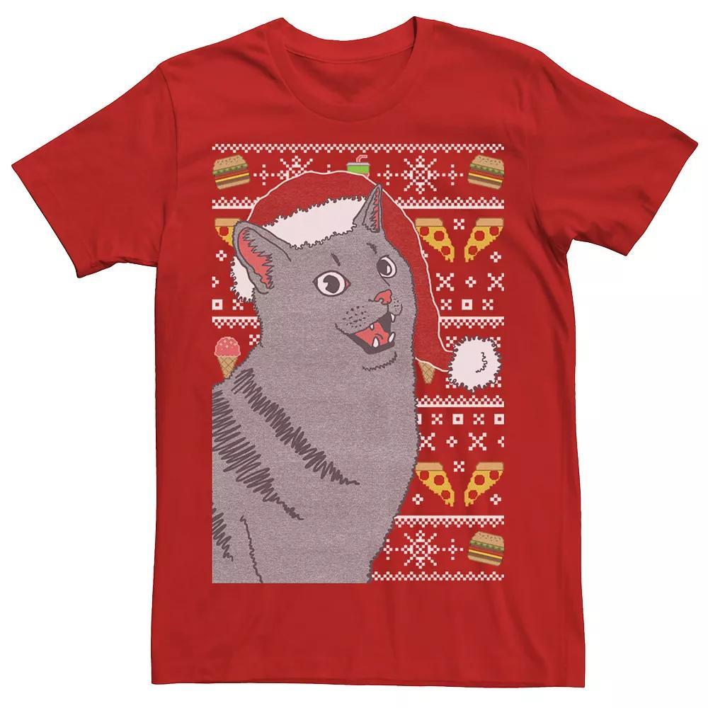 Men's Surprised Cat In Santa Hat Knit Style Graphic Tee, Size: XXL, Red Product Image