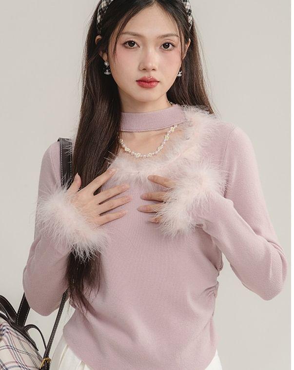 Long-Sleeve Crewneck Furry Trim Plain Knit Top Product Image