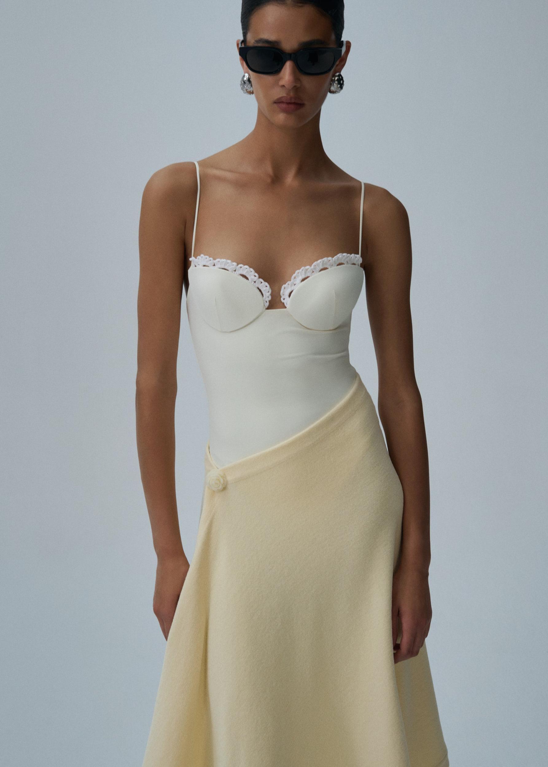 Crochet-trim bustier swimsuit in cream Product Image