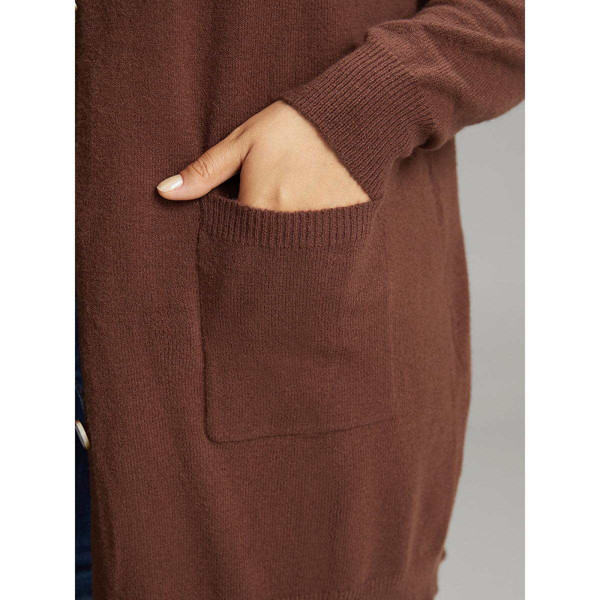 Plus Size Supersoft Essentials Anti-Pilling Contrast Button Up Pullover Brown Women Casual Loose Long Sleeve Dailywear Cardigans BloomChic 30/6X Product Image