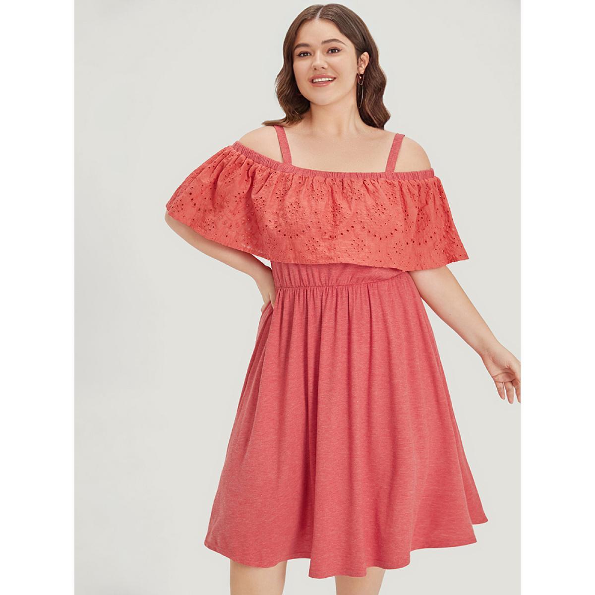 Plus Size Supersoft Essentials Cold Shoulder Broderie Anglaise Layered Dress OrangeRed Women Casual Adjustable Straps Cold Shoulder Short sleeve Curvy Midi Dress BloomChic 12/L Product Image