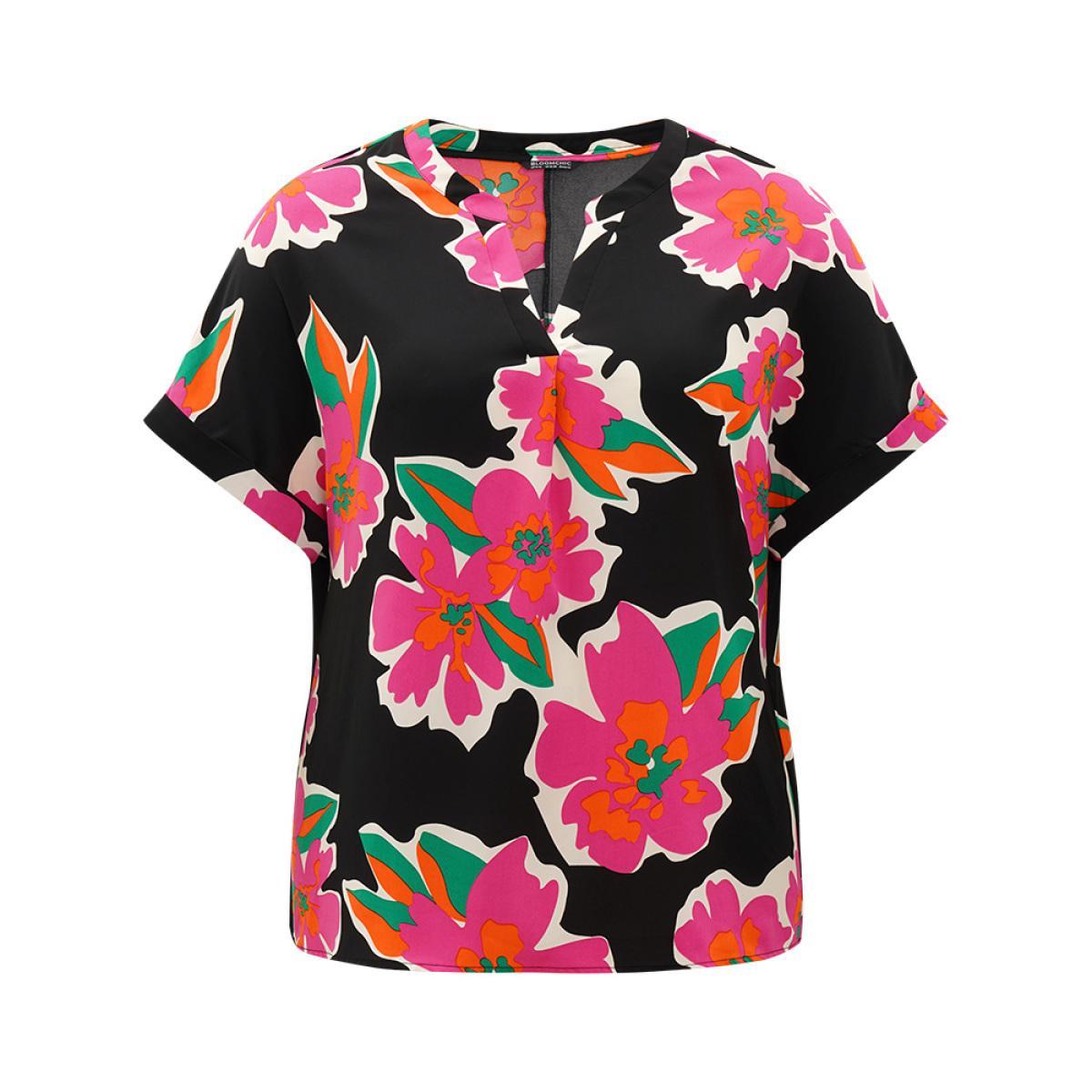 Plus Size Multicolor Floral Print Notched Roll Dolman Sleeve Blouse Women Glamour Short sleeve Notched collar Going out Blouses BloomChic 14-16/1X Product Image