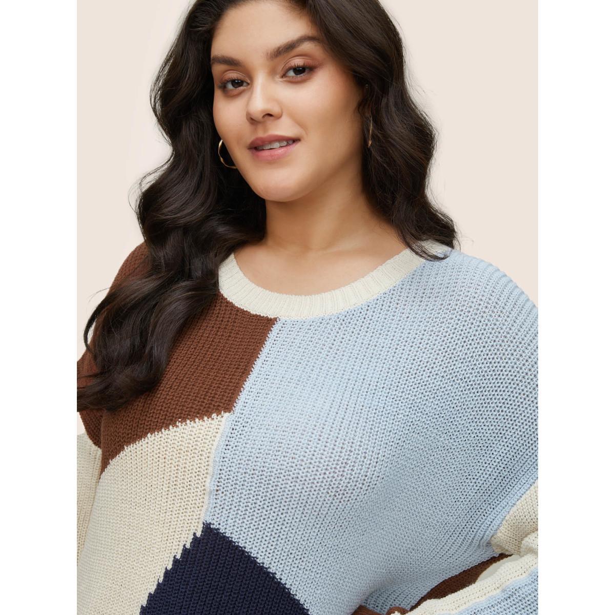 Plus Size Asymmetrical Colorblock Contrast Drop Shoulder Pullover DarkBrown Women Casual Loose Long Sleeve Round Neck Dailywear Pullovers BloomChic 28/5X Product Image