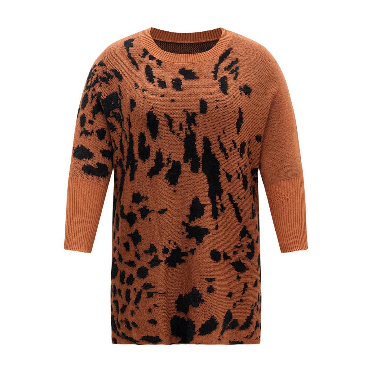Plus Size Leopard Batwing Sleeve Split Hem Pullover Rust Women Casual Loose Long Sleeve Round Neck Dailywear Pullovers BloomChic 18-20/2X Product Image
