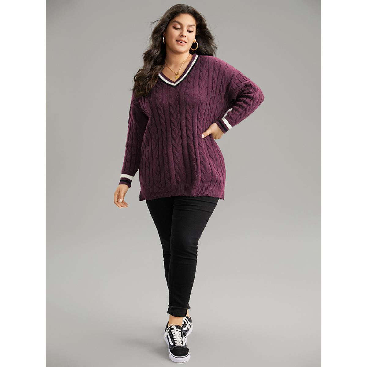 Plus Size Cable Knit Contrast Trim Drop Shoulder Pullover Burgundy Women Casual Loose Long Sleeve V-neck Dailywear Pullovers BloomChic 26/4X Product Image