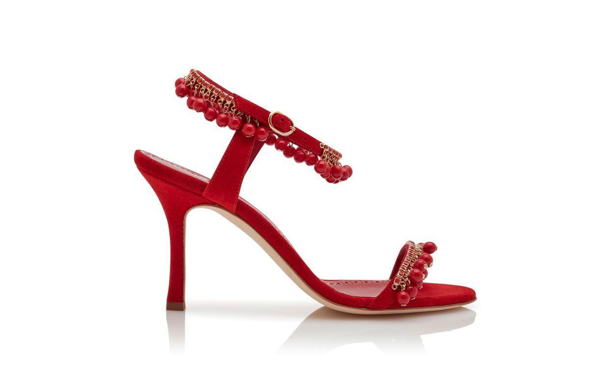 RAVELLANU Red Suede Jewel Embellished Sandals  Product Image