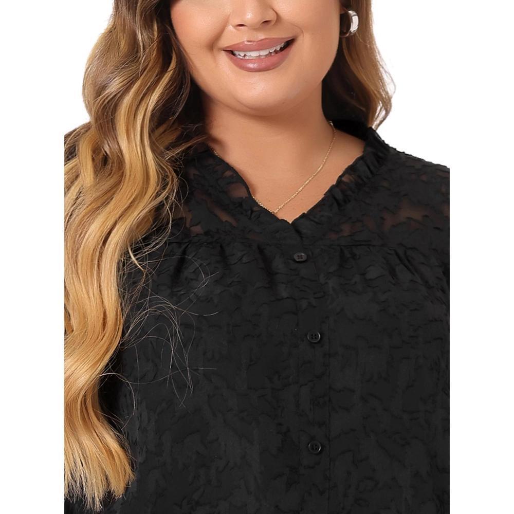 Agnes Orinda Women's Plus Size 3/4 Flare Sleeve V Neck Ruffle Lace Semi Sheer Button Down Shirts Black 4X Product Image