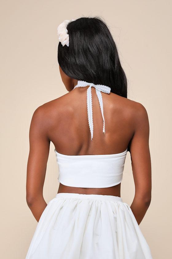 Doily White Eyelet Embroidered Lace Halter Handkerchief Top Product Image