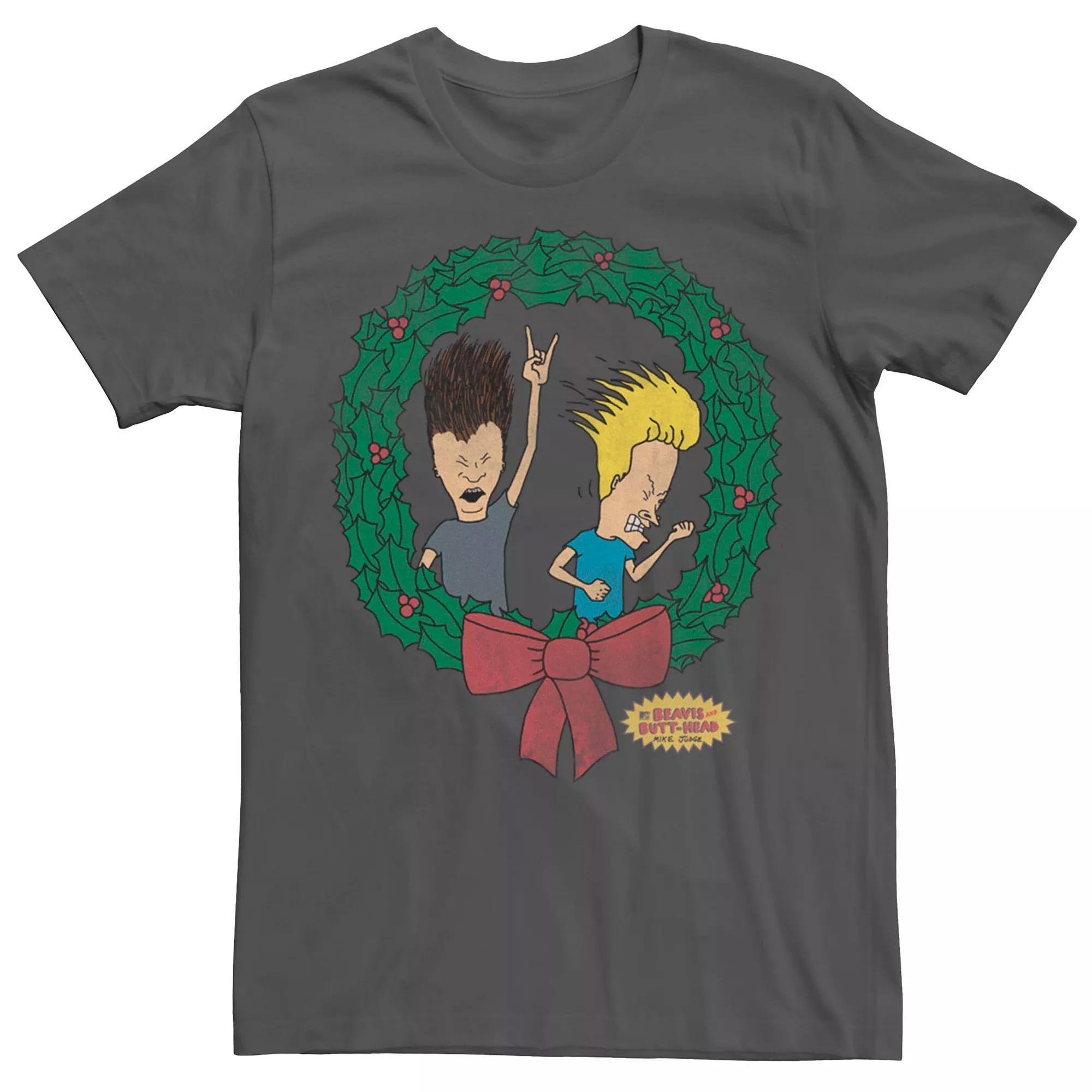 Men's Beavis And Butthead Christmas Wreath Tee, Size: Small, Grey Product Image